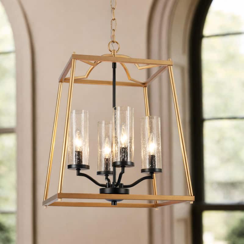 Modern 4-Light Gold Glass Chandelier Lantern Pendant Light for Dining Room - 14" L x 14" W x 19" H