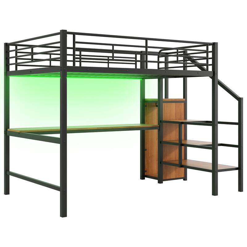 Full Size Loft Bed with Storage Staircase and Wardrobe, Modern Metal Loft Bed Frame with Desk, Charging Station and LED Light