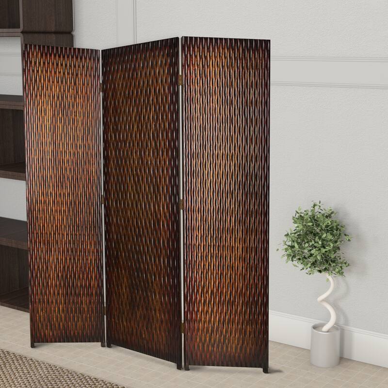 3 Panel Foldable Room Divider with Patterned Wood Panelling, Brown