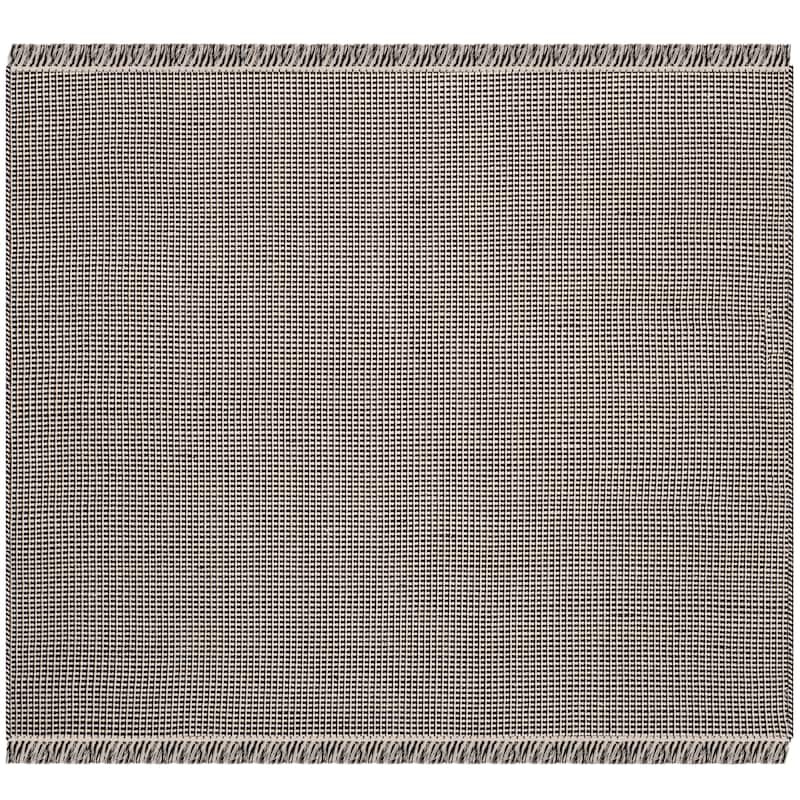 SAFAVIEH, Handmade Montauk Cliff Stripe Flatweave Cotton Fringe Rug - 6' Square - Ivory/Black