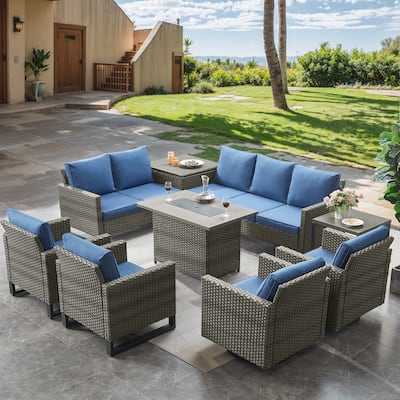 Fire Pit Table with Outdoor Patio Chair Sofa Table - Blue cushion - Grey