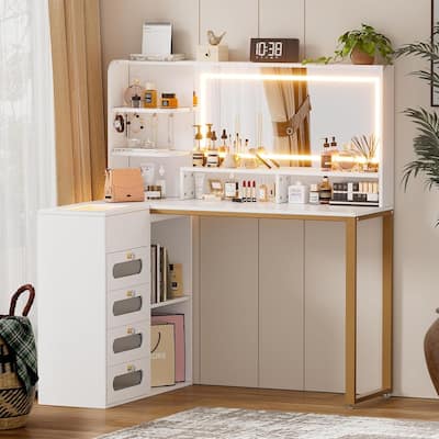Vanity Desk with Mirror and Lights, Corner Makeup Vanity L Shaped Dressing Table