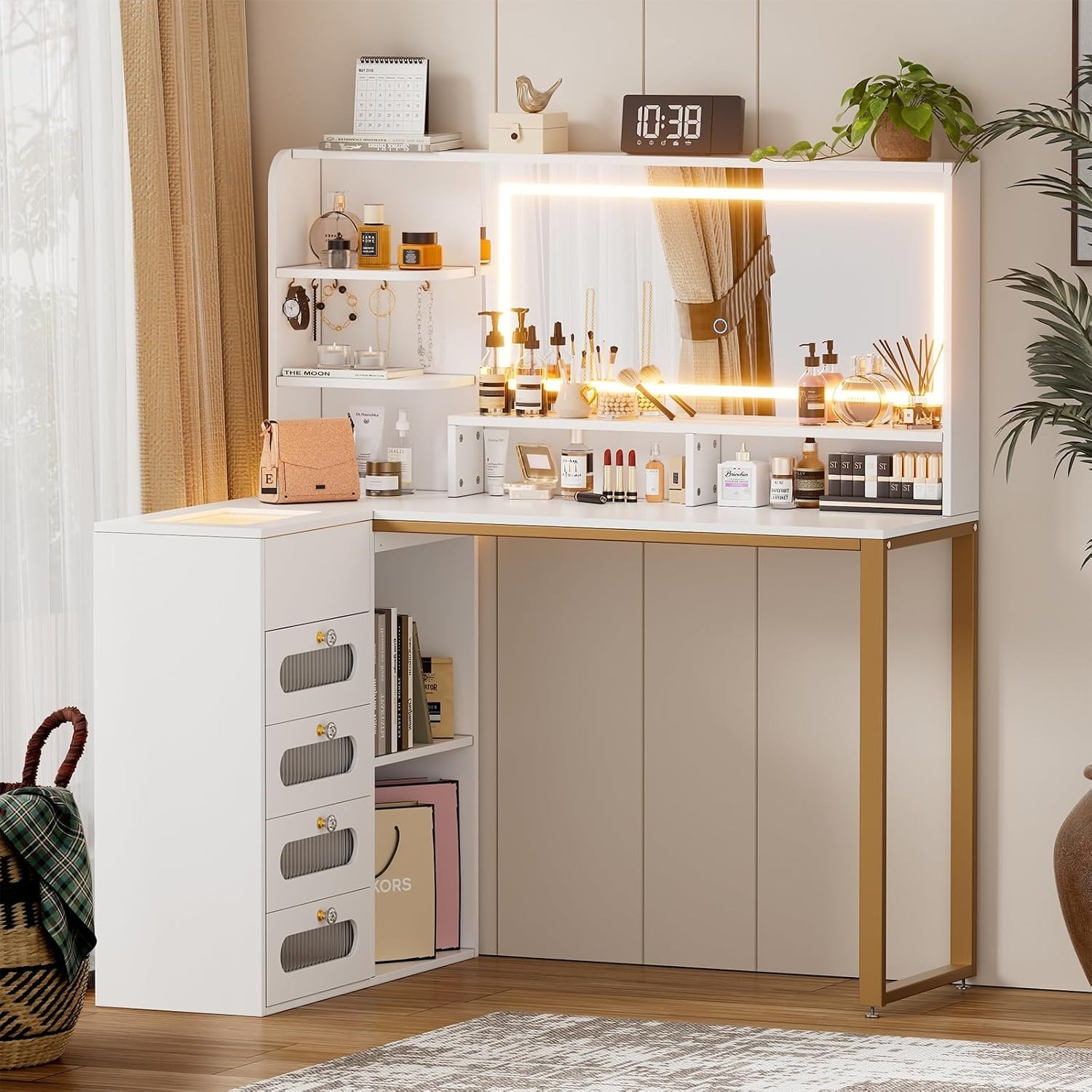 Vanity Desk with Mirror and Lights Corner Makeup Vanity L Shaped Dressing Table On Sale Bed Bath Beyond 42279339