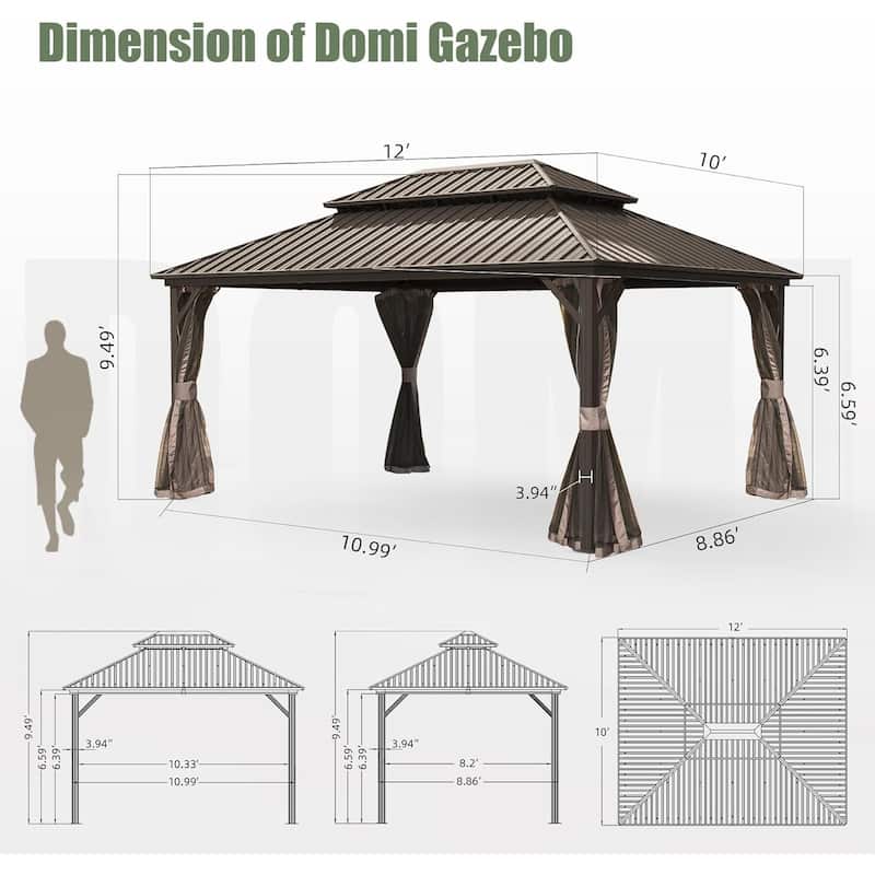 Aluminum Metal Hardtop Gazebo with Galvanized Steel Double Roof Canopy, Curtain and Netting