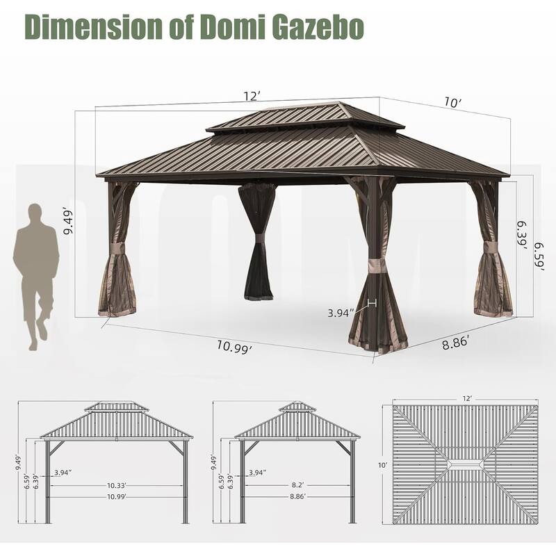 GDFStudio - Madison Outdoor Grove Hardtop Gazebo with Double Roof, Curtains & Netting