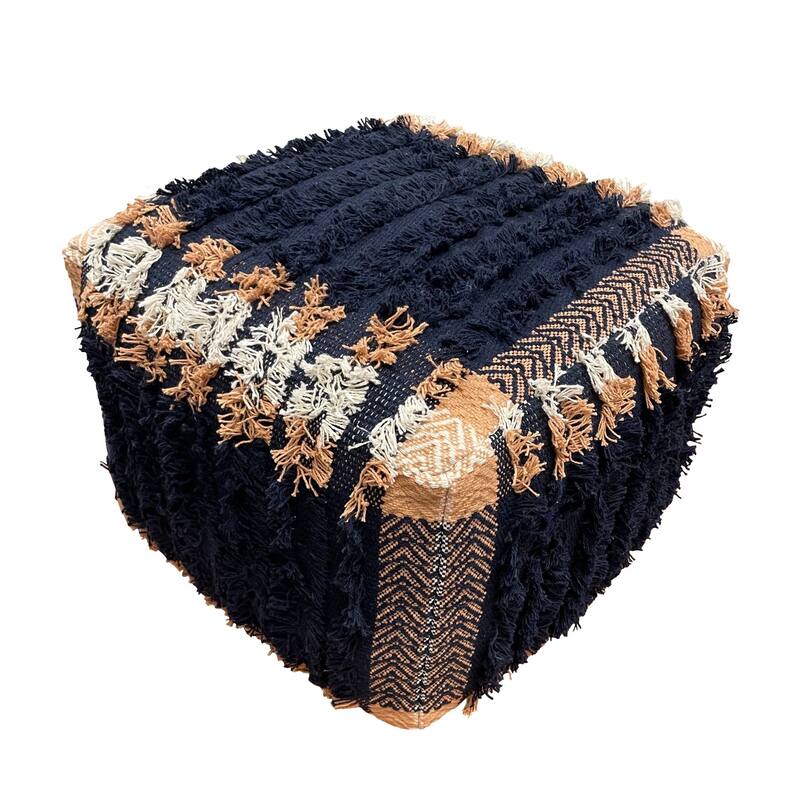 18" Navy and Peach Rustic Textured Handcrafted Square Pouf Ottoman