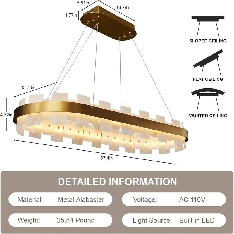 KAYLA Luxury Alabaster Chandelier, 37.4 in. Modern Integrated LED Gold Pendant Light for Entryway, Living Room & Foyer