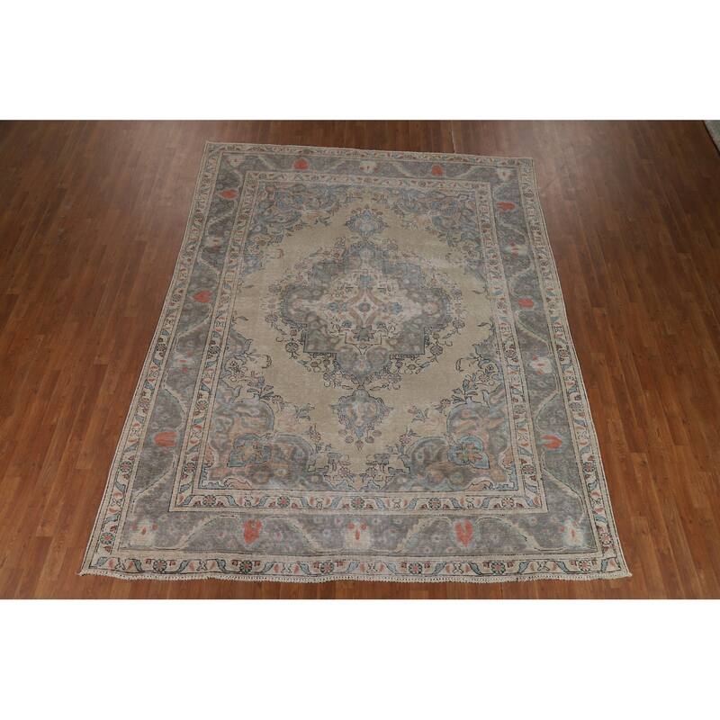 Geometric Tabriz Persian Rug Hand-Knotted Beige Wool Carpet - 8'2"x 10'6"