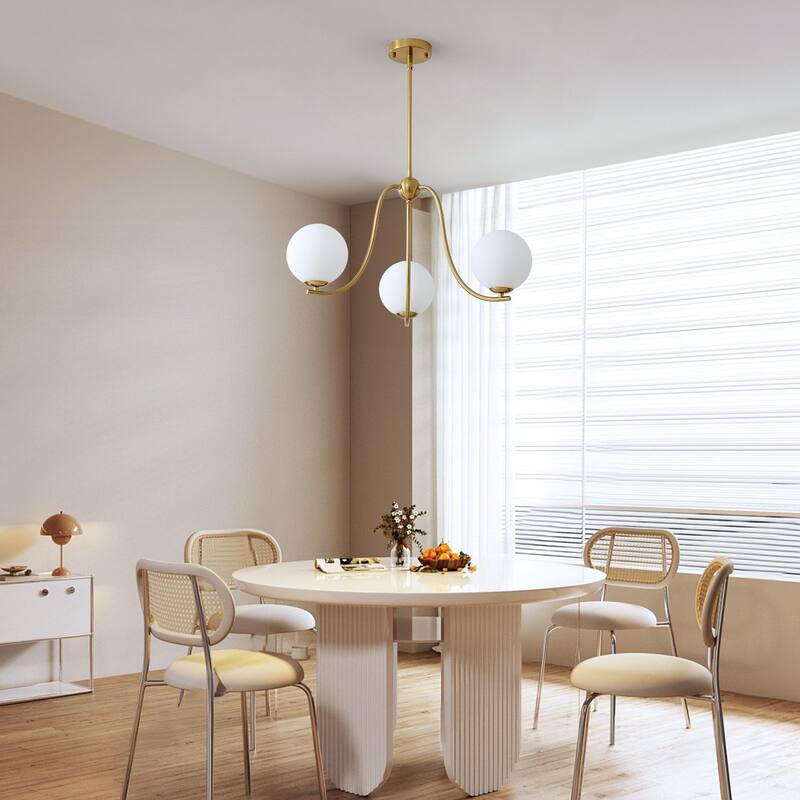 3 - Light Modern Linear Glass Globe Chandelier - Brushed Gold