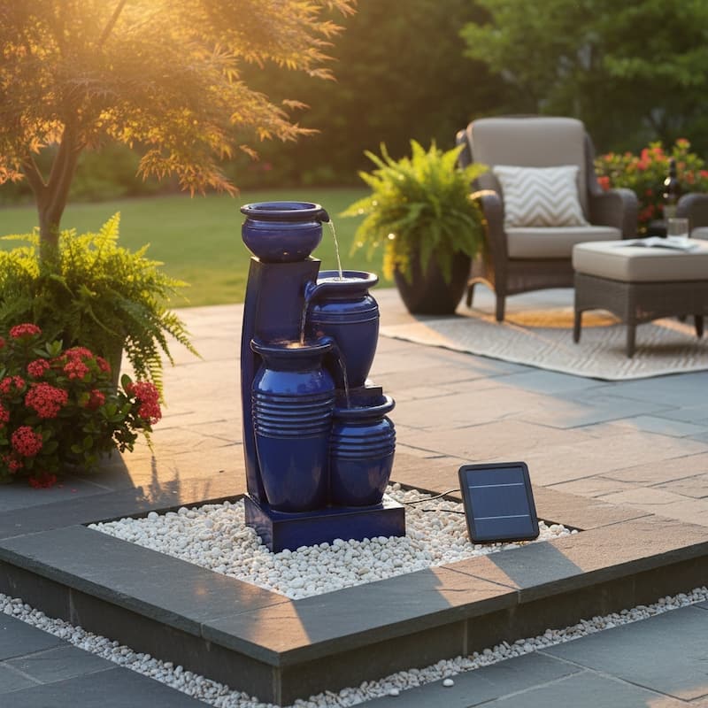 Teamson Home 28.74" 4-Tier Outdoor Fountain with LED Lights, Solar Powered, Weather-Resistant Faux Stone for Garden & Patio