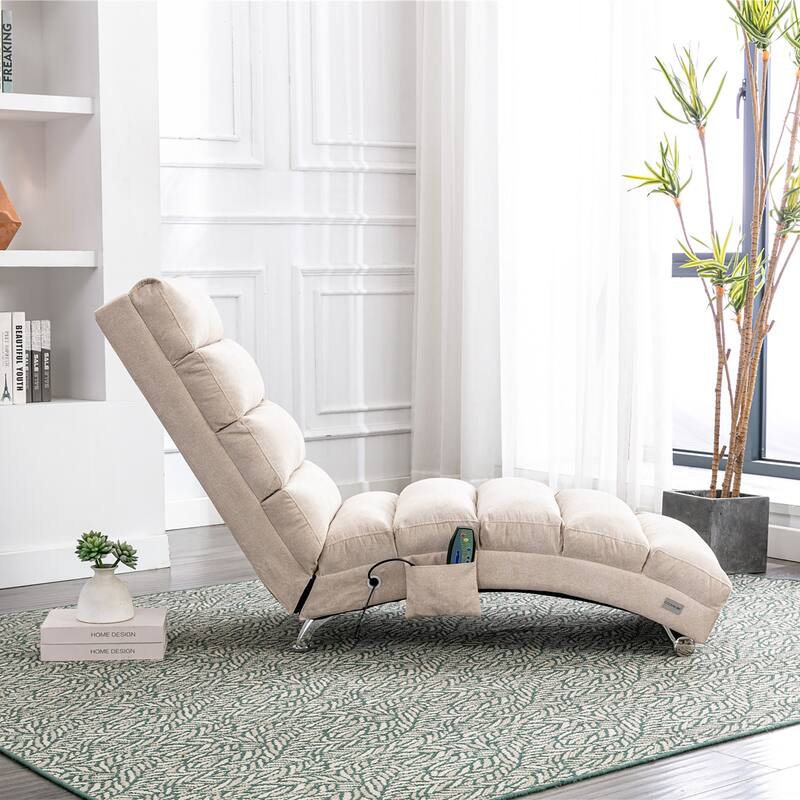 Beige 21.65" High Back Upholstered Chaise Lounge Chair with Massage