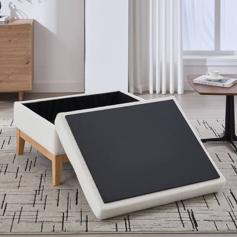 Upholstered Storage Ottoman with Reversible Lid, Square Storage Coffee Table with Rubberwood Legs, Boucle Footstool