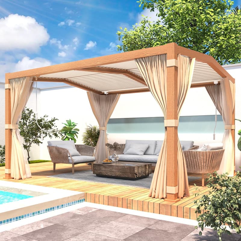EROMMY Outdoor Louvered Pergola Gazebo with Adjustable Aluminum Rainproof Roof - 11'x13' A Shape - Wood