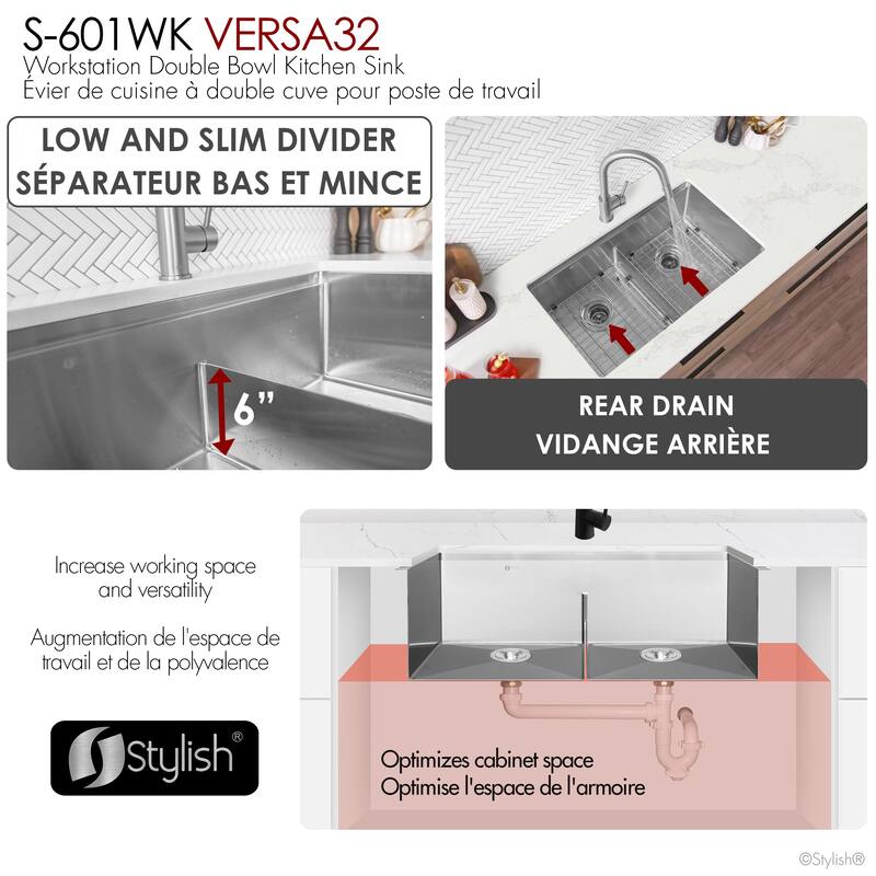 Stylish Undermount 32" Stainless Steel Double-Bowl Kitchen Sink S-601