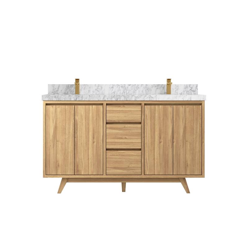 Willow Collections 60 in. W x 22 in. D Madison Teak Double Sink Bathroom Vanity with Countertop - 2" Carrara Marble - Light Natural Teak