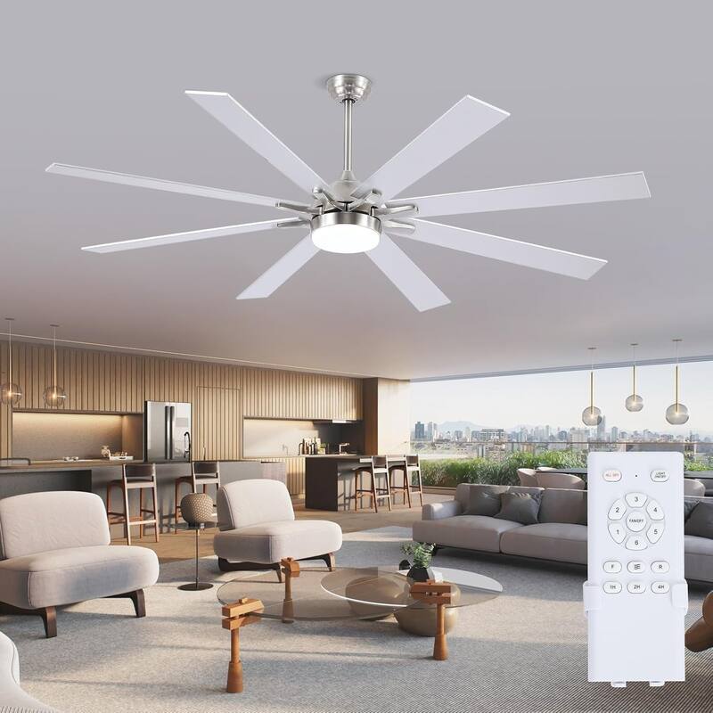 Kviflon 72 Inches 8 Blades Ceiling Fan with Light for indoor or Outdoor Patio Garage Large Living Room - 72 Inches - Nickle