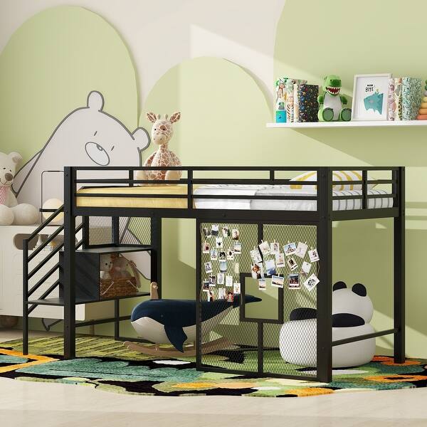 slide 2 of 13, Black Twin Size Metal Low Loft Bed Frame with Storage Staircase Black