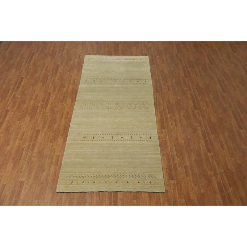 Hand Knotted Oriental 100% Wool Carpet Tribal Animal Pictorial Beige & Ivories Gabbeh Area Rug - 11' 8'' X 4' 11''