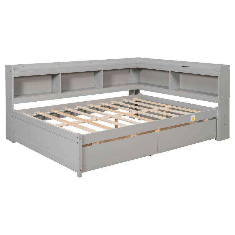 Corner Daybed Bookcases Bed with Power Outlets and Charging Ports, L-Shaped Storage Bed Frame Captains Bed with 2 Drawers