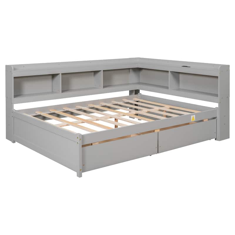 Full Size L-shaped Bookcases Bed with Power Outlets, USB Charging Ports,Two Drawers