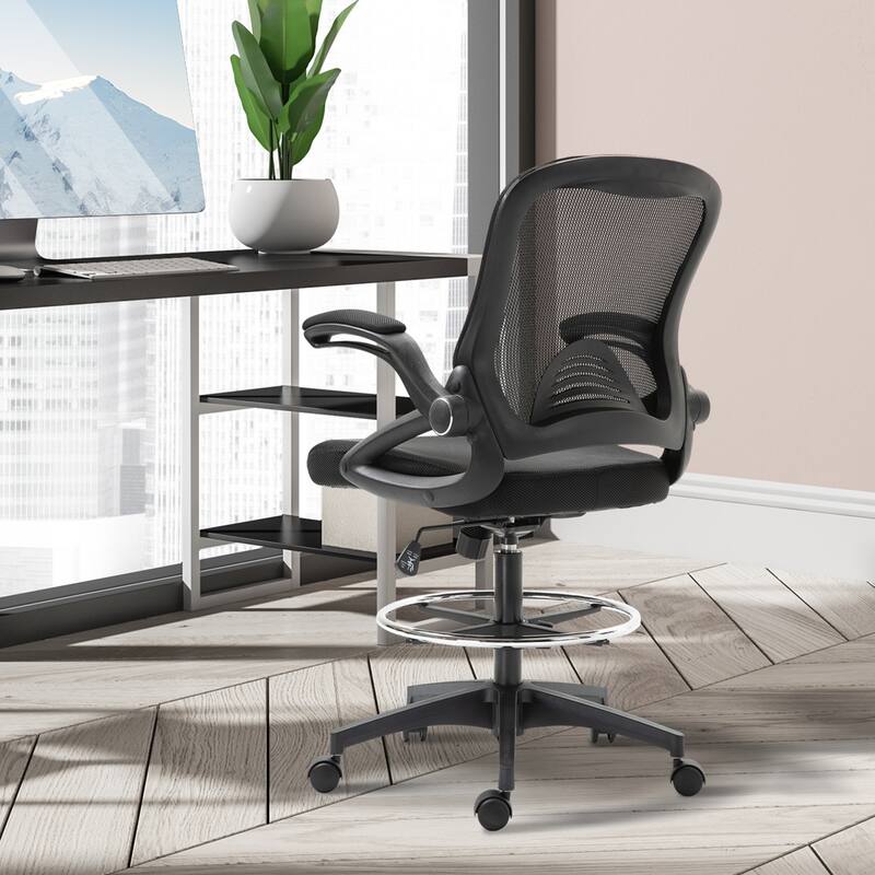 Mesh Drafting Chair with Footrest Ring, Ergonomic Tall Office Chair, Swivel Chair with Lumbar Support and Adjustable Seat Height