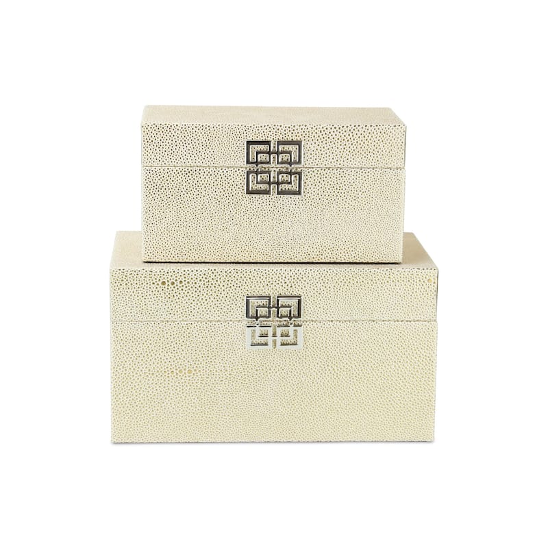 Set of 2 White Gold Rectangular Shagreen Storage Boxes 12"