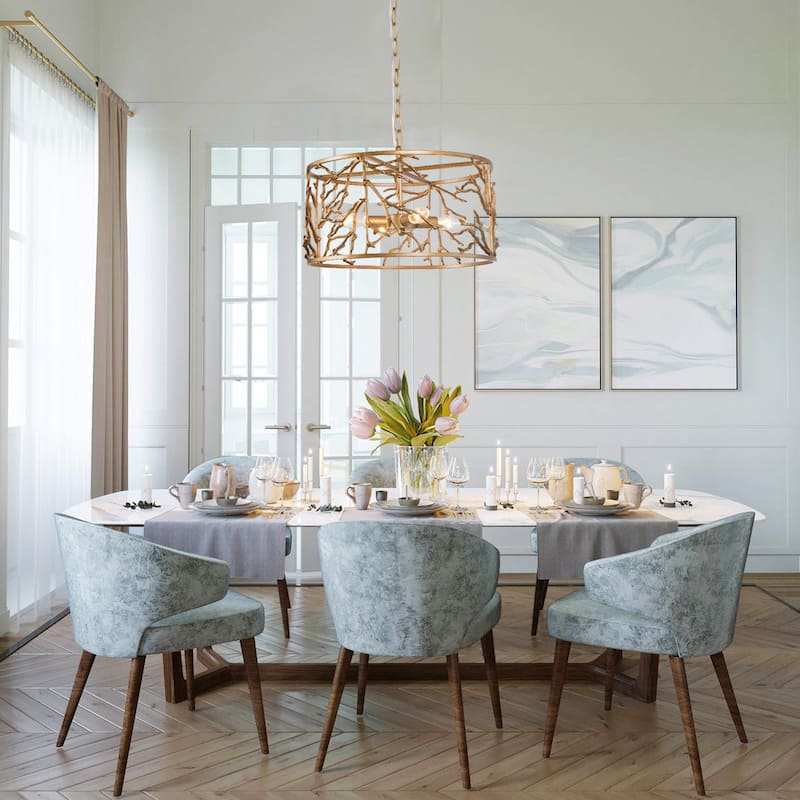 Besa Mid-Century Modern Brass 4-Light Gold Drum Chandelier for Dining Room