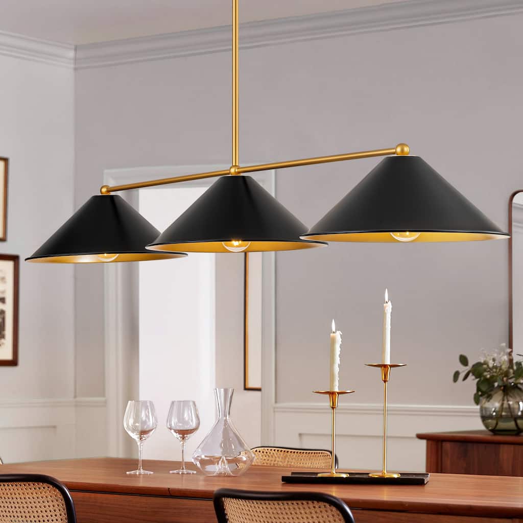 3-Light Modern Industrial Black& Gold Island Pendant Light Metal Cone Linear Chandeliers For Dining Room