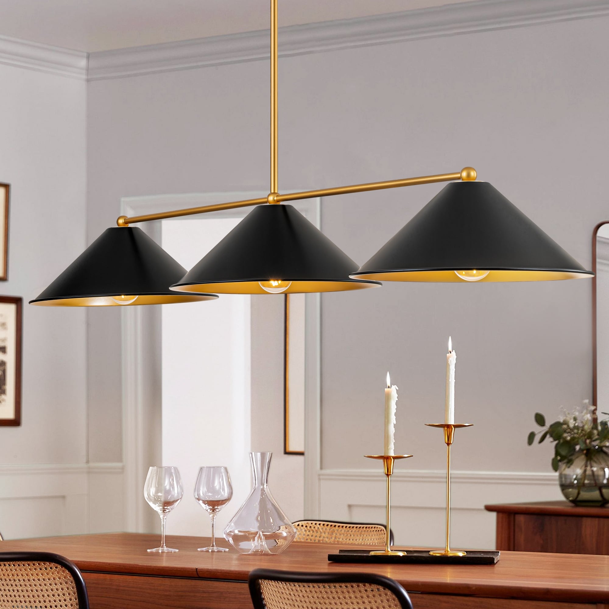 3-Light Modern Industrial Black& Gold Island Pendant Light Metal Cone Linear Chandeliers For Dining Room