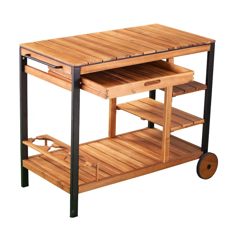 SEI Furniture Murston Natural Acacia Wood Outdoor Bar Cart with Storage and Bottle Holder