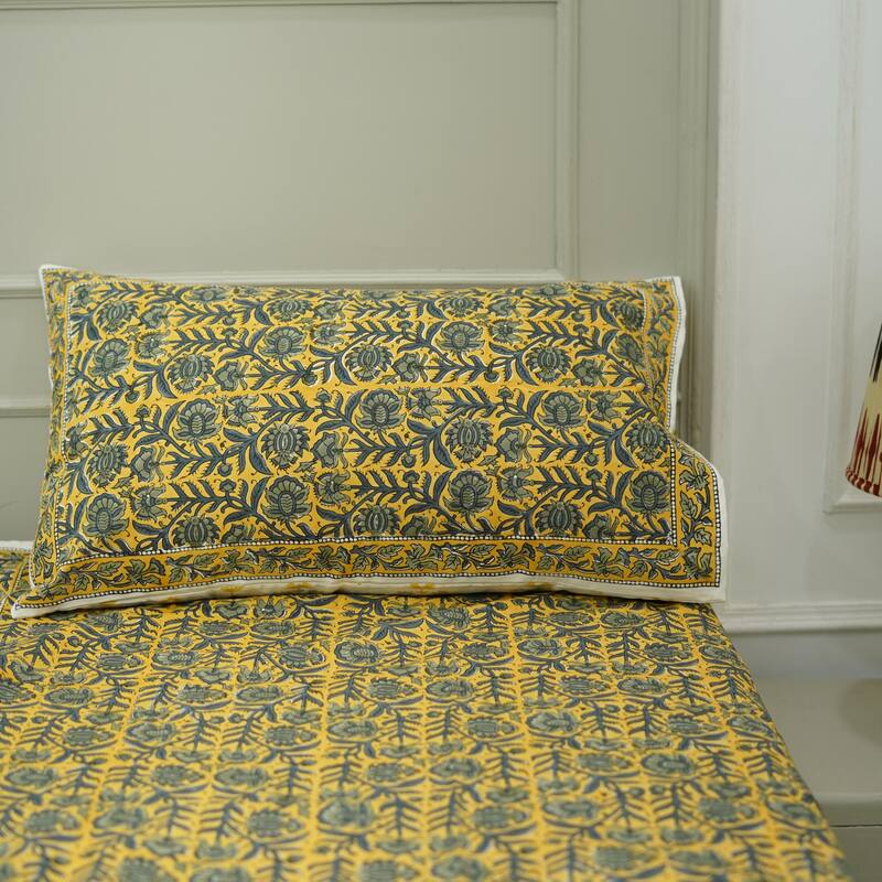 Fabdivine Handmade Block Print Flat Sheet or Bed Sheet Cotton Fabric Floral Home Decor - Jaipuri Jaal- Yellow, Grey - Queen