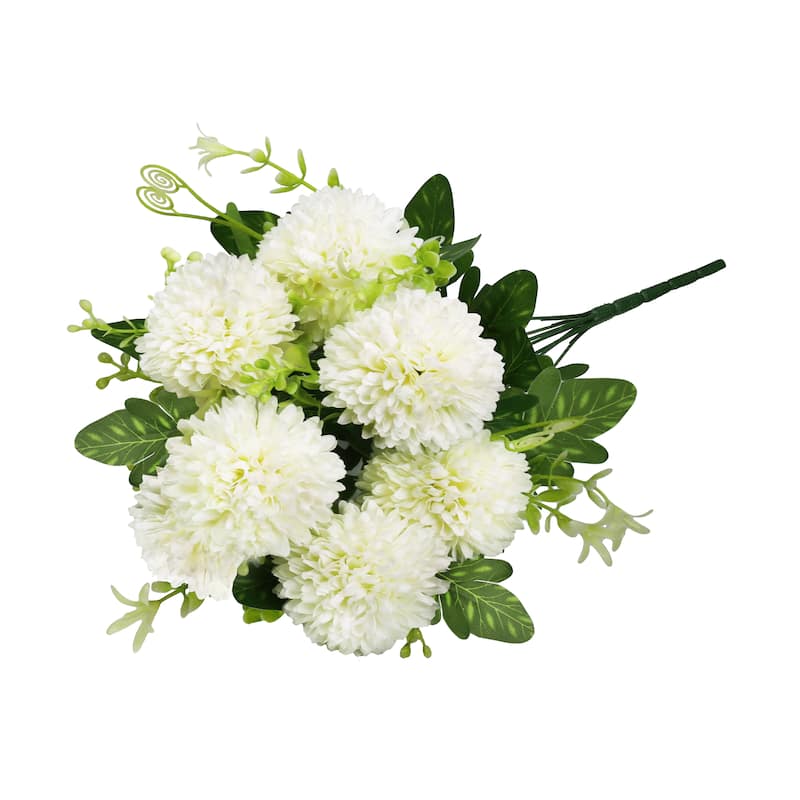 Set of 3 Cream White Artificial Pom Pom Mum Flower Stem Bush Bouquet 16in - 16" L x 8" W x 8" DP