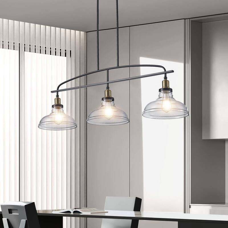 Industrial-Style 3-Light Pendant Light with Transparent Glass Shade, for Kitchen Islands, Dining Rooms and Living Rooms
