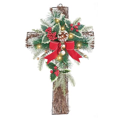 Sparkling LED Lighted Pine and Berries Wall Cross - 13 x 21 x 5