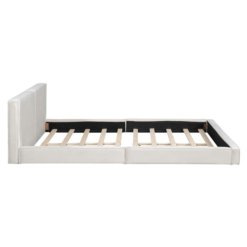Queen Size Velvet Upholstered Platform Bed, Floor Bed with Solid Frame