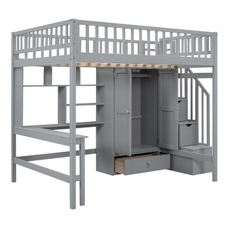 Minimalist Design Full Size Wood Loft Bed,Bookshelf Under Bed and Wardrobe Besides