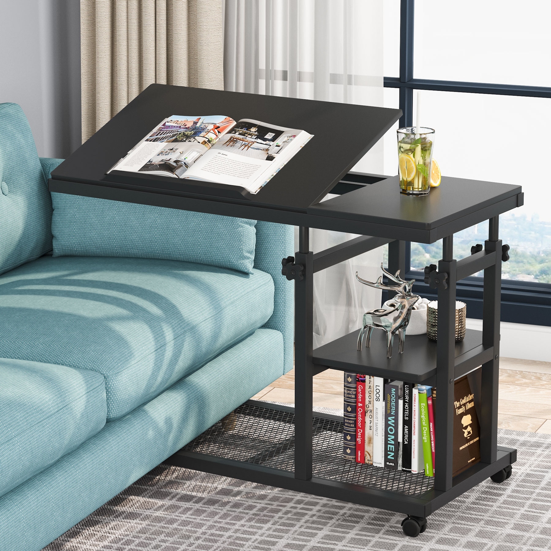 Height Adjustable C Table with Wheels, Laptop Table for Sofa Couch Bedside