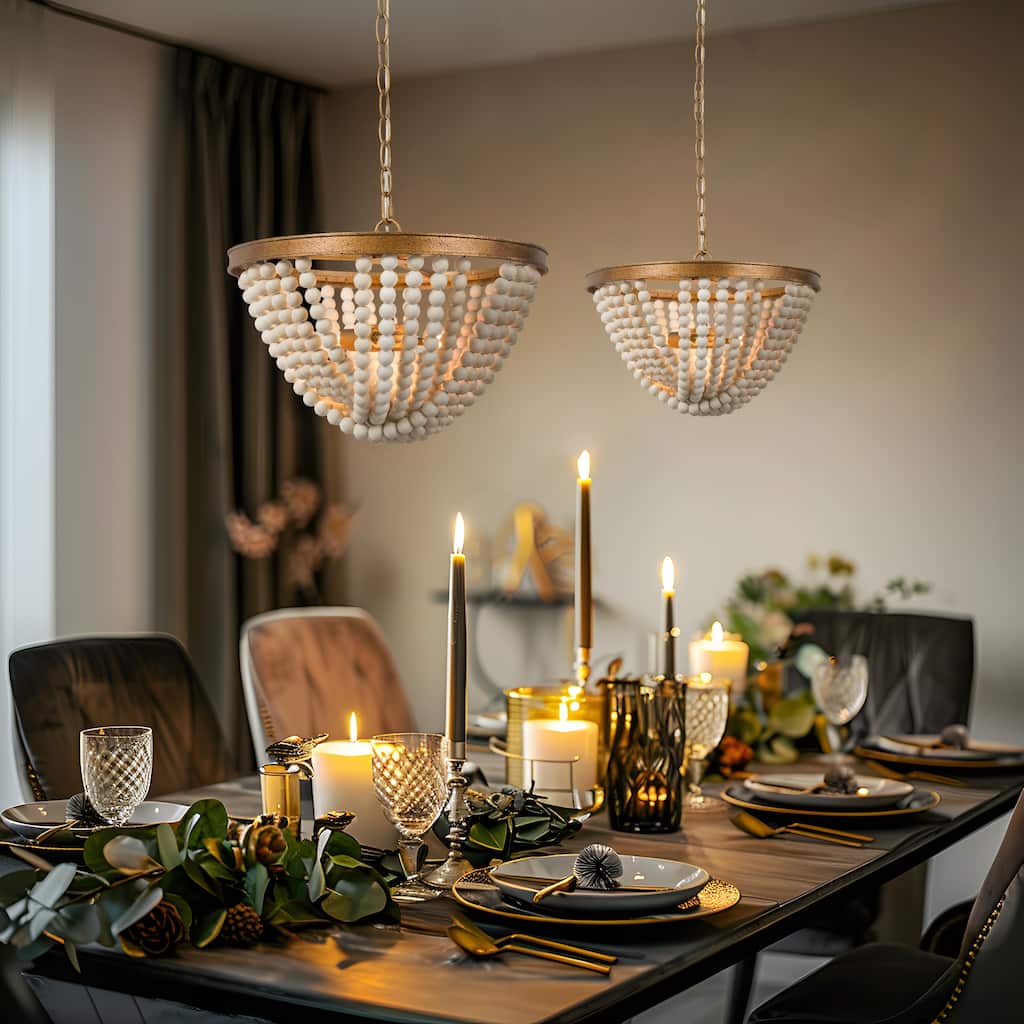 Coasa Modern Gold 3-Light Wood Beaded Boho Chandelier Coastal Ceiling Lights