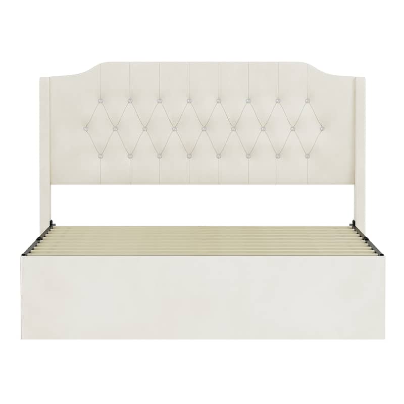 Queen Size Tufted Upholstered Bed Frame with Wingback Headboard and Under-Bed Storage Space