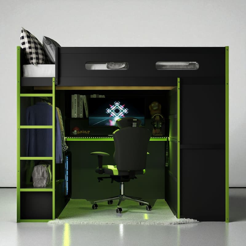 Full Size Loft Bed with Desk, RGB LED Lights, Wardrobes, Drawers and USB Charging Port for Teens and Gamers - Green - Full