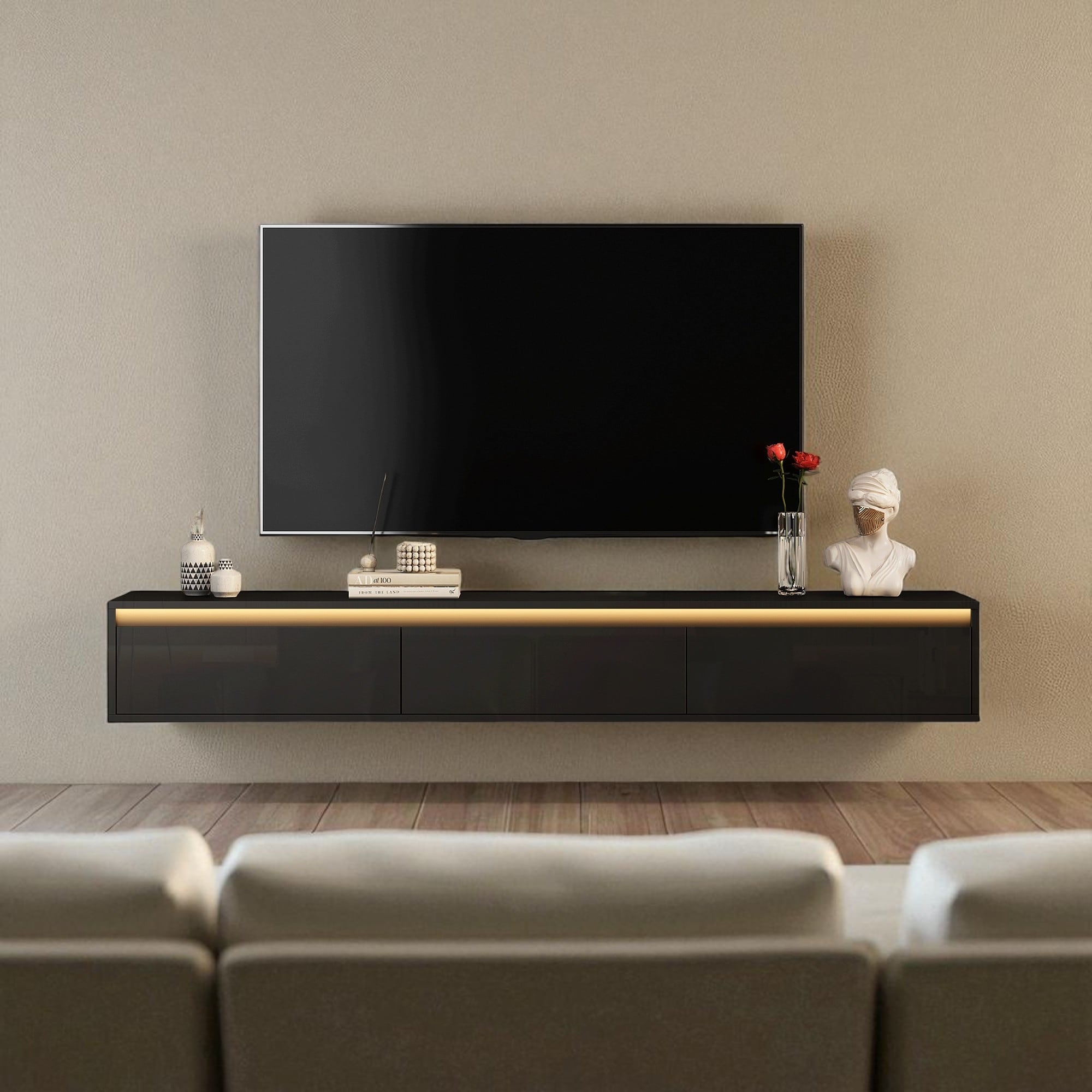 Floating TV Stand with LED Lights & Power Outlet, 65" Wall Mounted High Gloss Media Console with Storage Shelves