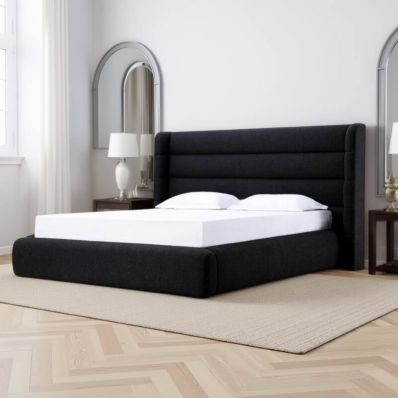 Mase Queen Platform Bed Boucle Upholstery Wingback Headboard Gray