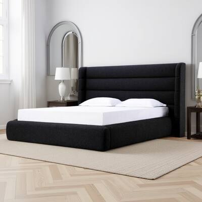 Mase Queen Platform Bed Boucle Upholstery Wingback Headboard Gray
