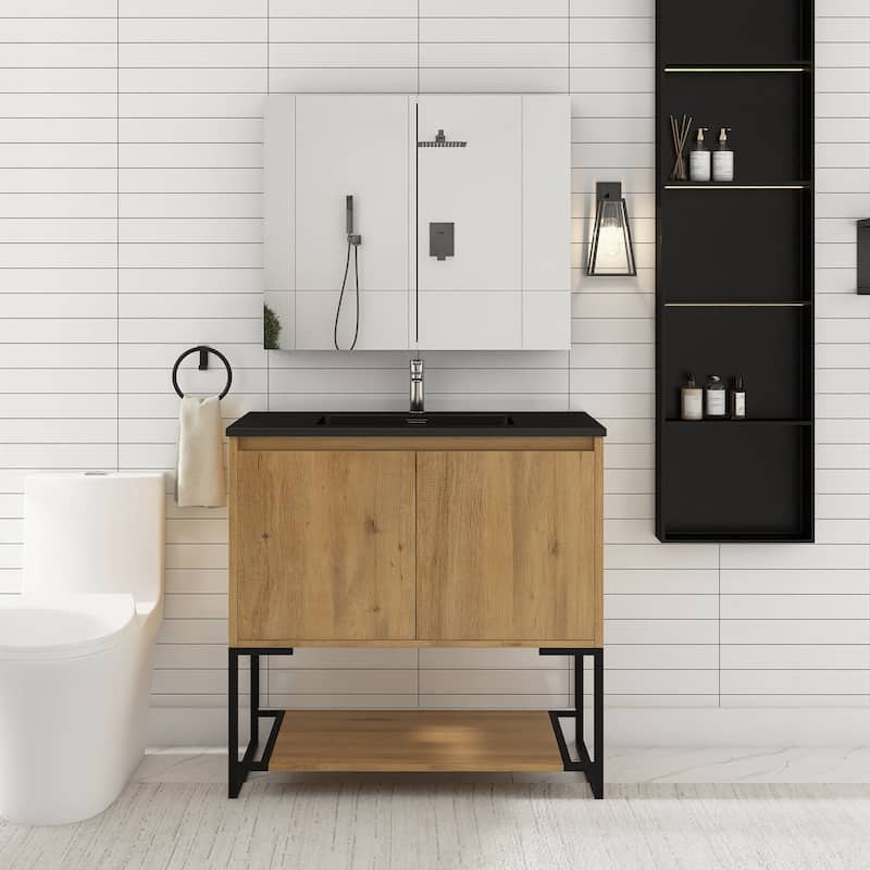Freestanding Bathroom Vanity Set in Oak with Integrated Solid Surface Sink
