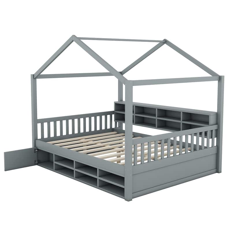 Full Size Wooden House Bed with Shelves and a Mini-cabinet