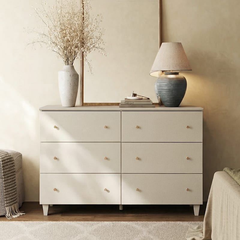 6 Drawers Dresser for Bedroom, Wooden Wide Chest of Drawers - Beige - 6-drawer