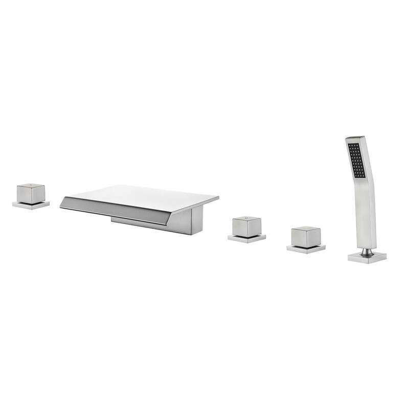 Waterfall Deck Mount Tub Faucet With Handheld Shower Brass Roman Bathtub Faucet Modern Tub Filler With Sprayer - Brushed Nickel