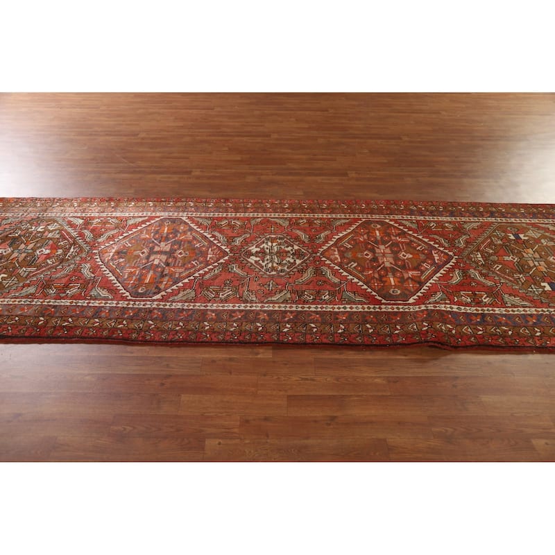 Heriz Persian Vintage Runner Rug Hand-knotted Red Wool Carpet - 3'11"x 11'10"
