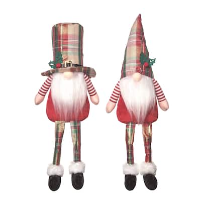 Transpac Christmas Plush Plaid Hat Gnome Sitter Set of 2 Christmas Home Decorations