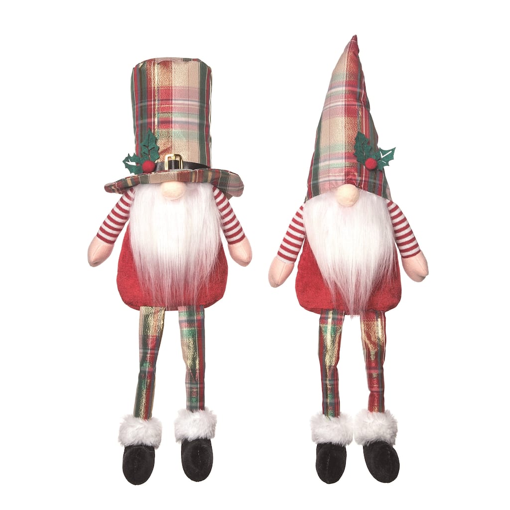 Transpac Christmas Plush Plaid Hat Gnome Sitter Set of 2 Christmas Home Decorations